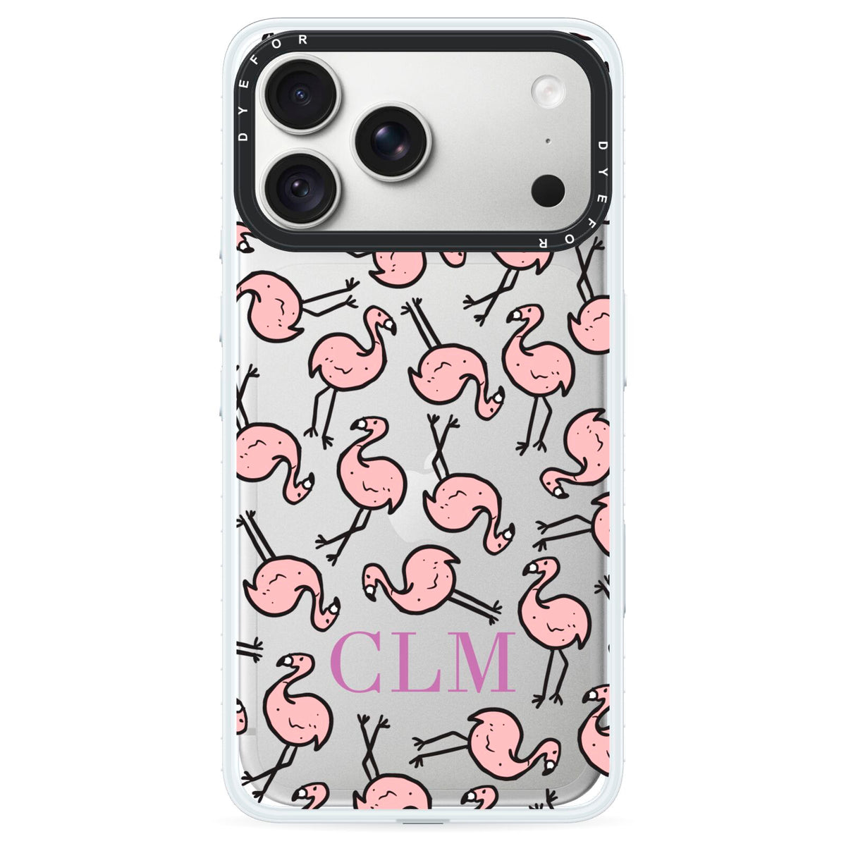 Personalised Flamingo Initials Clear iPhone 18 Pro Black Impact Pre order Case on Silver phone