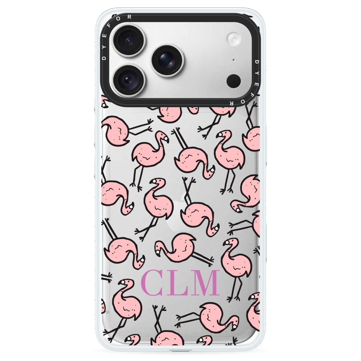 Personalised Flamingo Initials Clear iPhone 18 Pro Max Black Impact Pre order Case on Silver phone