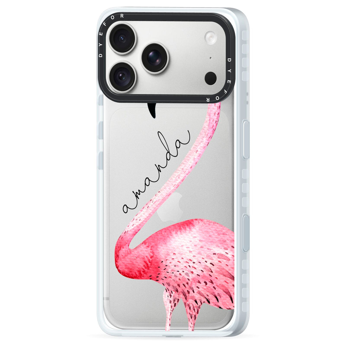 Personalised Flamingo iPhone 18 Pro Black Impact Pre order Case Side Angle on Silver phone