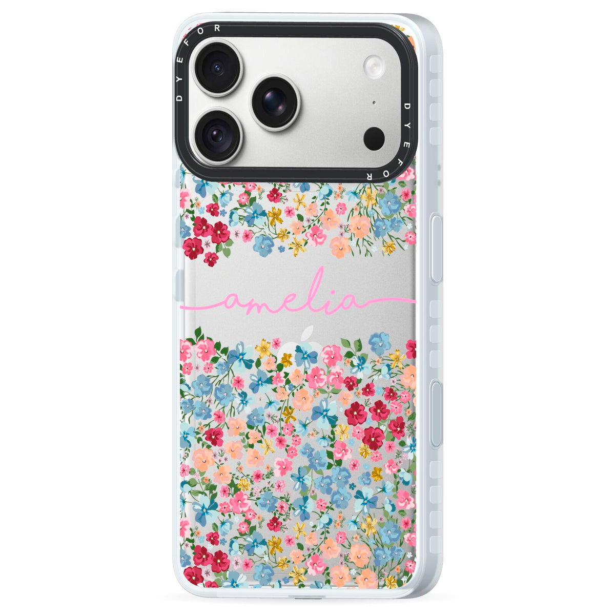 Personalised Floral Meadow iPhone 18 Pro Max Black Impact Pre order Case Side Angle on Silver phone