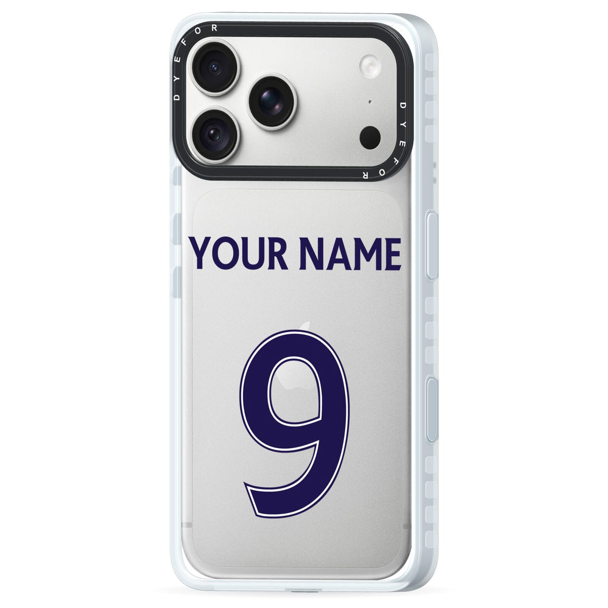 Personalised Football Name and Number iPhone 18 Pro Black Impact Pre order Case Side Angle on Silver phone