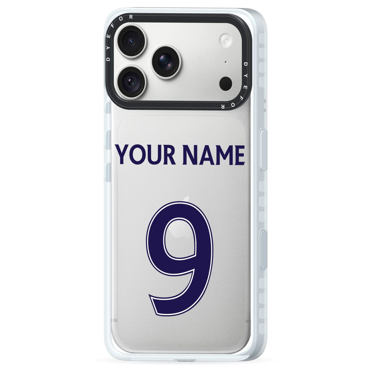 Personalised Football Name and Number iPhone 18 Pro Max Black Impact Pre order Case Side Angle on Silver phone