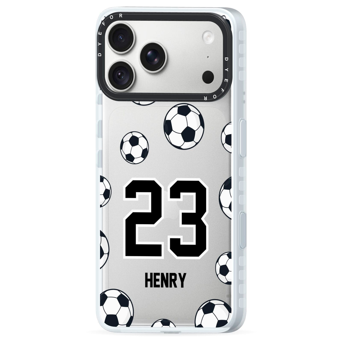 Personalised Football iPhone 18 Pro Max Black Impact Pre order Case Side Angle on Silver phone