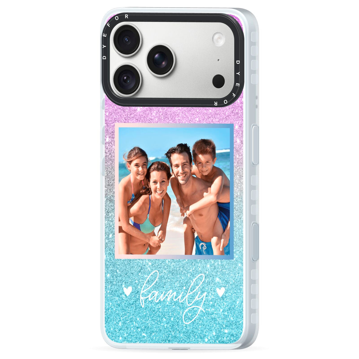 Personalised Glitter Photo iPhone 18 Pro Black Impact Pre order Case Side Angle on Silver phone