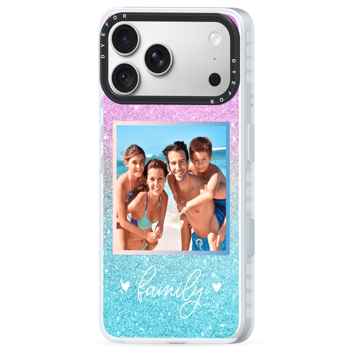 Personalised Glitter Photo iPhone 18 Pro Max Black Impact Pre order Case Side Angle on Silver phone