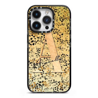 Personalised Gold Black Cheetah iPhone 14 Pro Black Impact Case on Silver phone