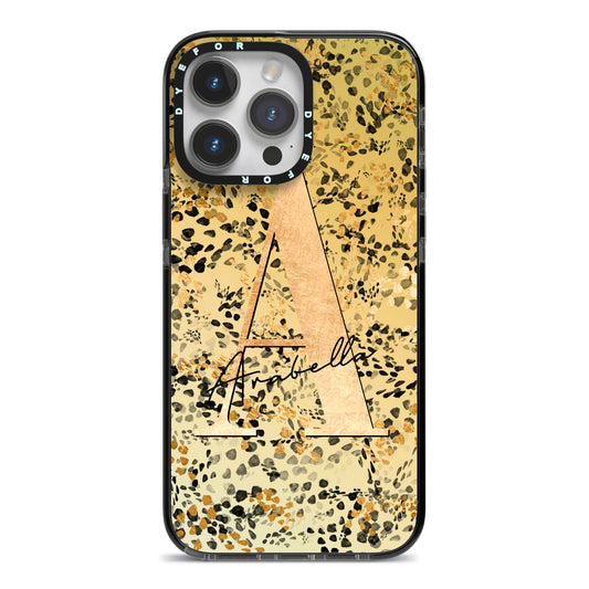 Personalised Gold Black Cheetah iPhone 14 Pro Max Black Impact Case on Silver phone