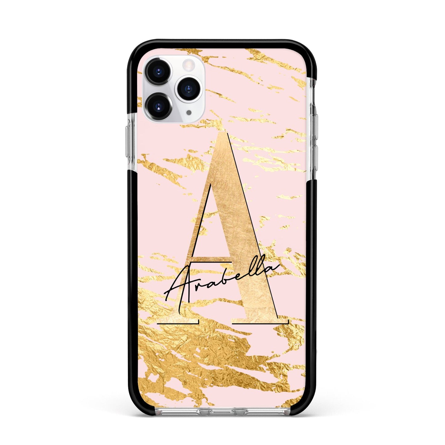 Personalised Gold Pink Marble Apple iPhone 11 Pro Max in Silver with Black Impact Case