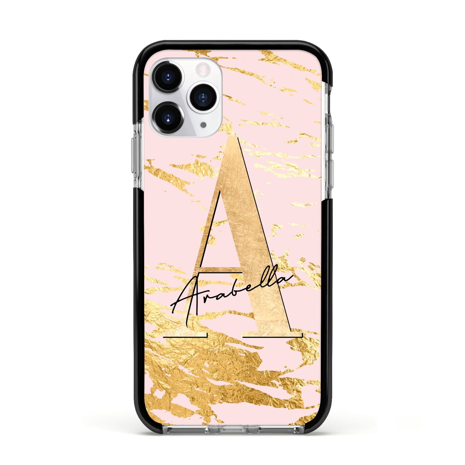 Personalised Gold Pink Marble Apple iPhone 11 Pro in Silver with Black Impact Case