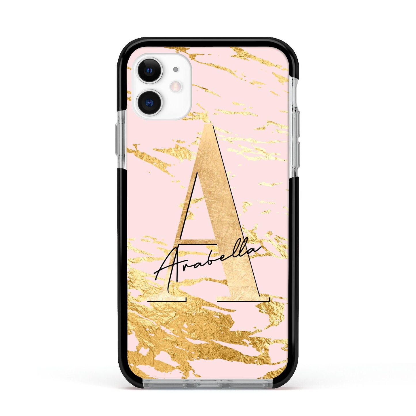 Personalised Gold Pink Marble Apple iPhone 11 in White with Black Impact Case