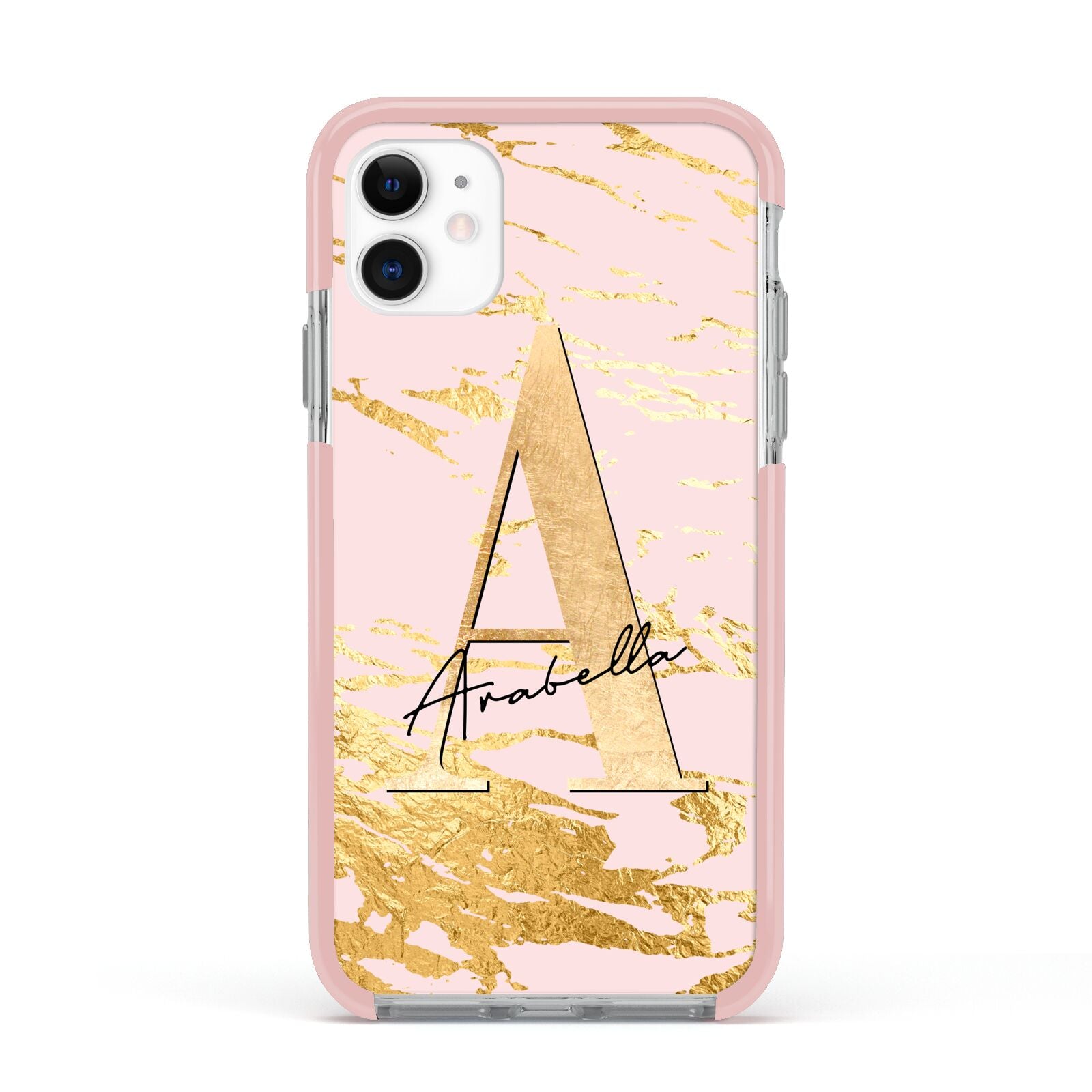 Personalised Gold Pink Marble Apple iPhone 11 in White with Pink Impact Case