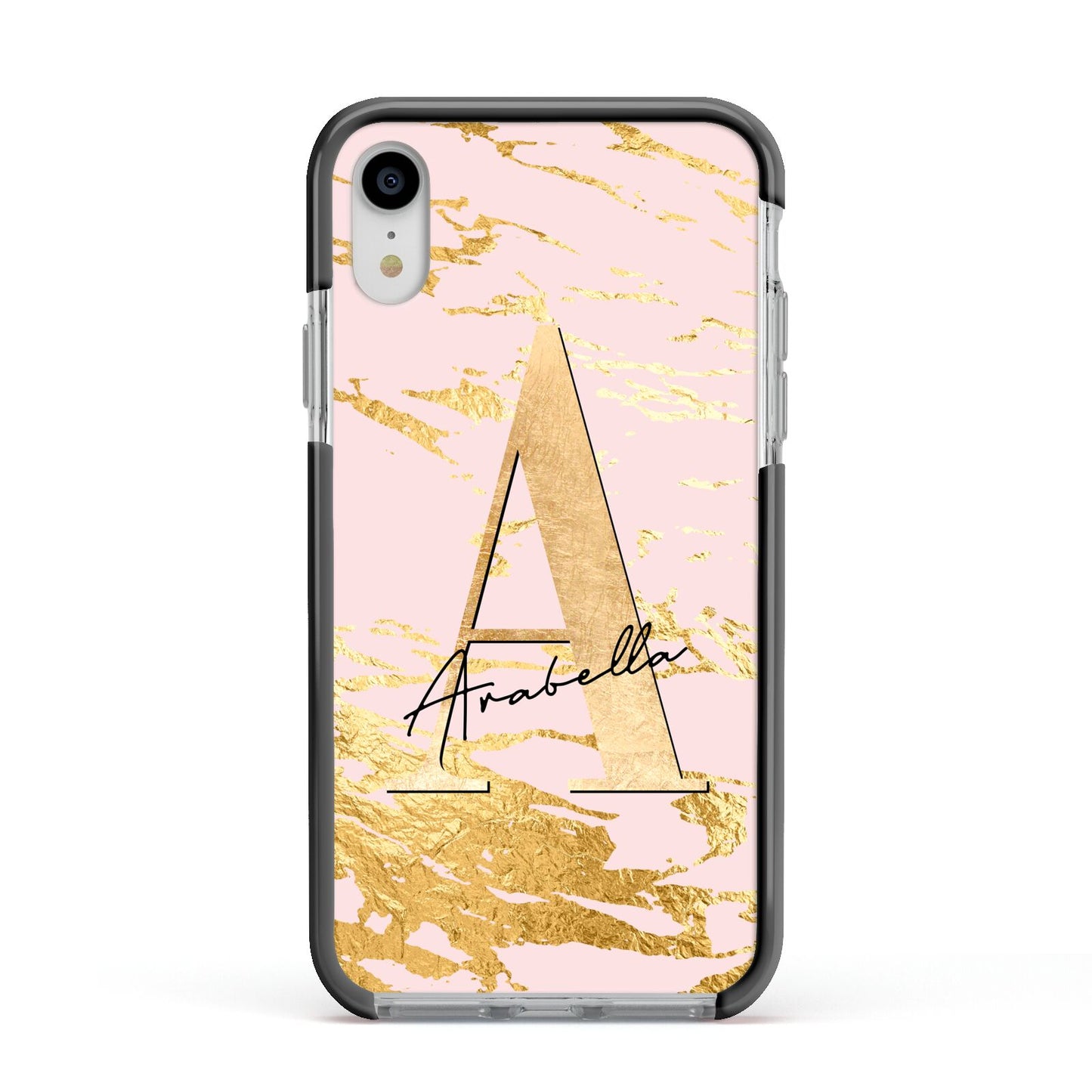 Personalised Gold Pink Marble Apple iPhone XR Impact Case Black Edge on Silver Phone