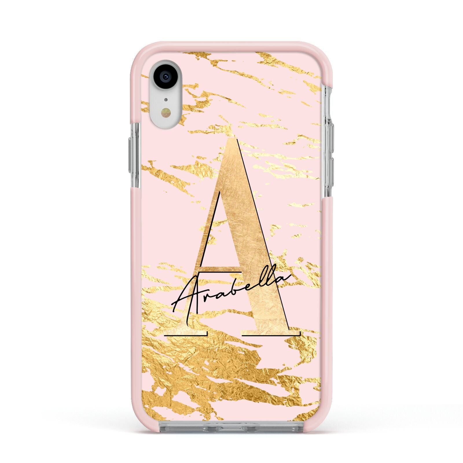 Personalised Gold Pink Marble Apple iPhone XR Impact Case Pink Edge on Silver Phone