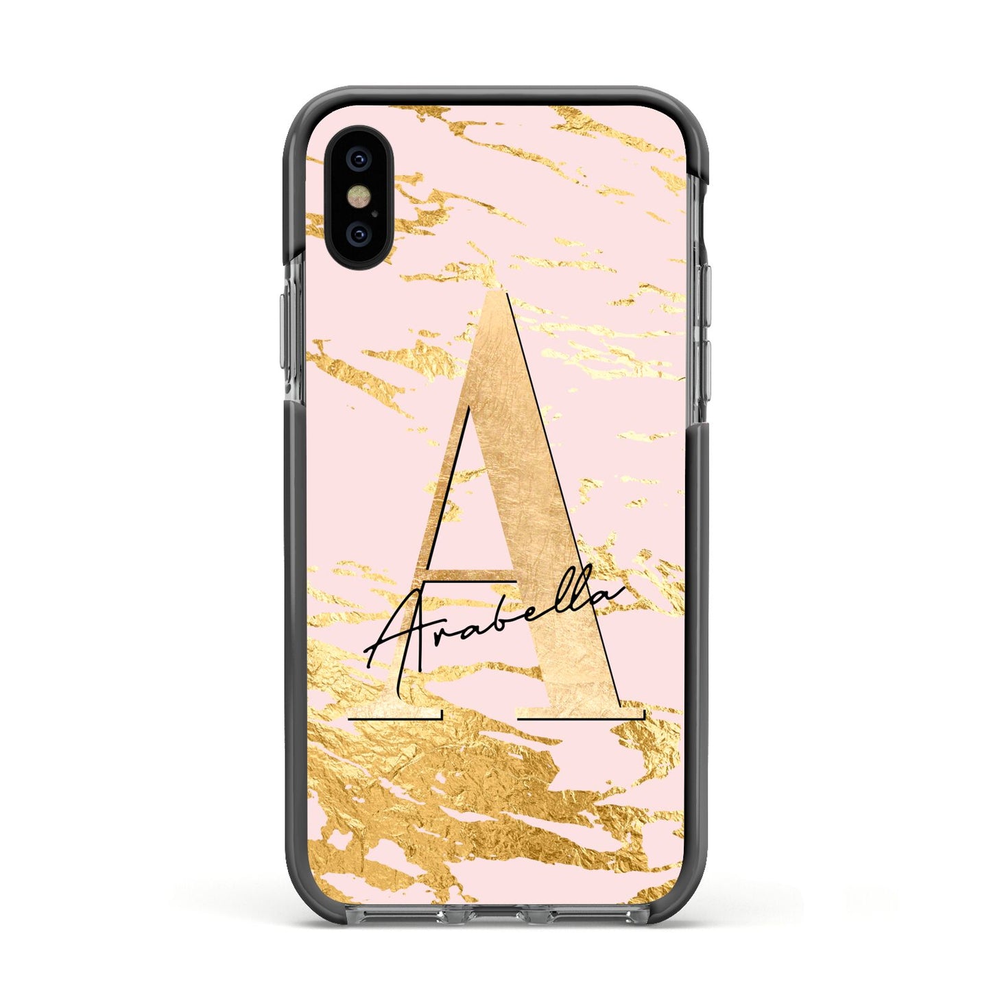 Personalised Gold Pink Marble Apple iPhone Xs Impact Case Black Edge on Black Phone