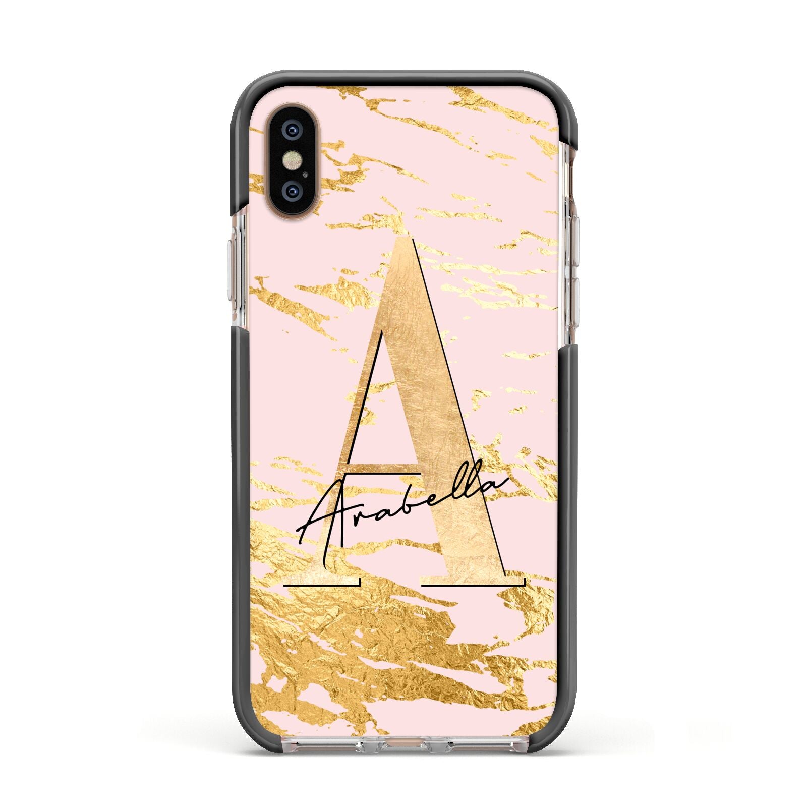 Personalised Gold Pink Marble Apple iPhone Xs Impact Case Black Edge on Gold Phone