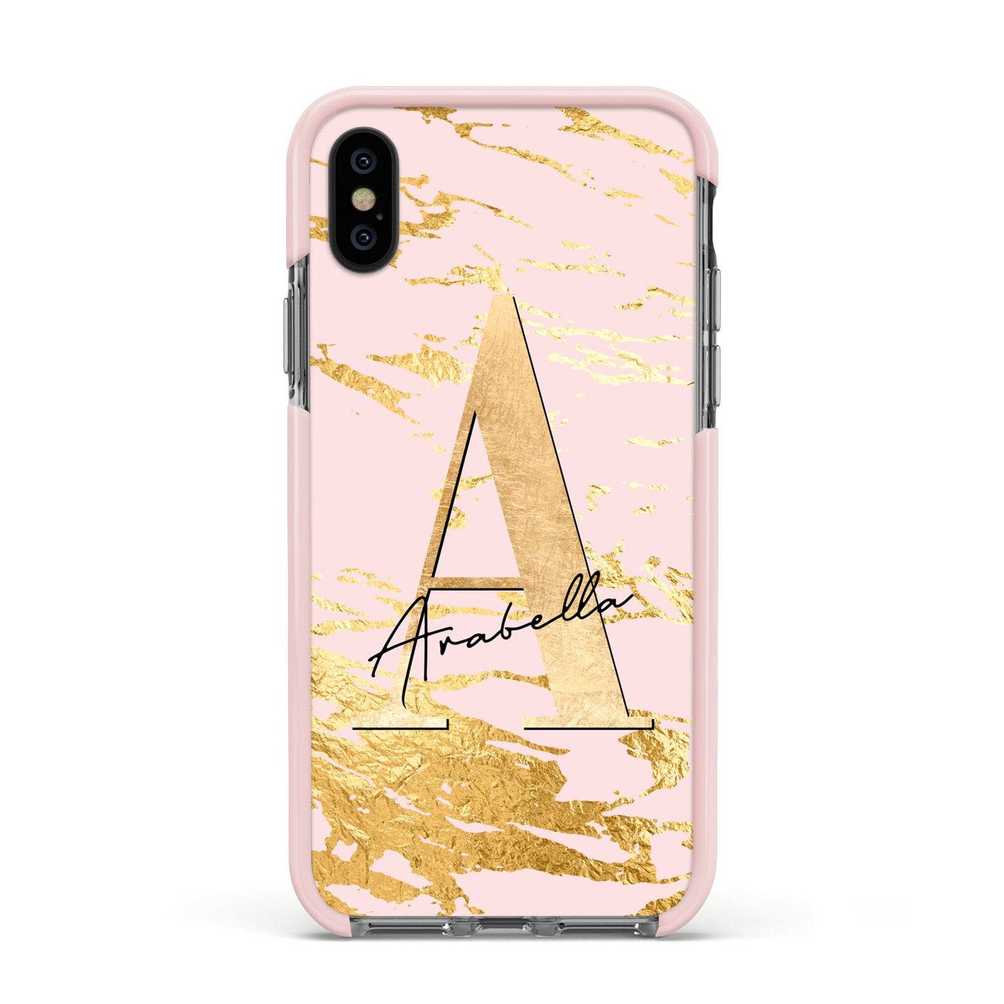 Personalised Gold Pink Marble Apple iPhone Xs Impact Case Pink Edge on Black Phone