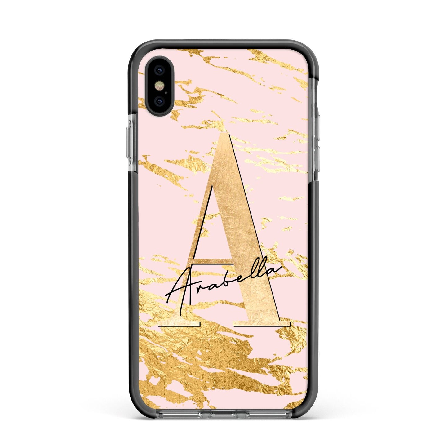 Personalised Gold Pink Marble Apple iPhone Xs Max Impact Case Black Edge on Black Phone