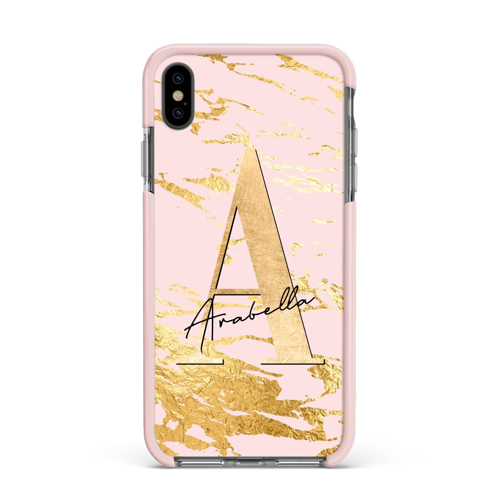 Personalised Gold Pink Marble Apple iPhone Xs Max Impact Case Pink Edge on Black Phone