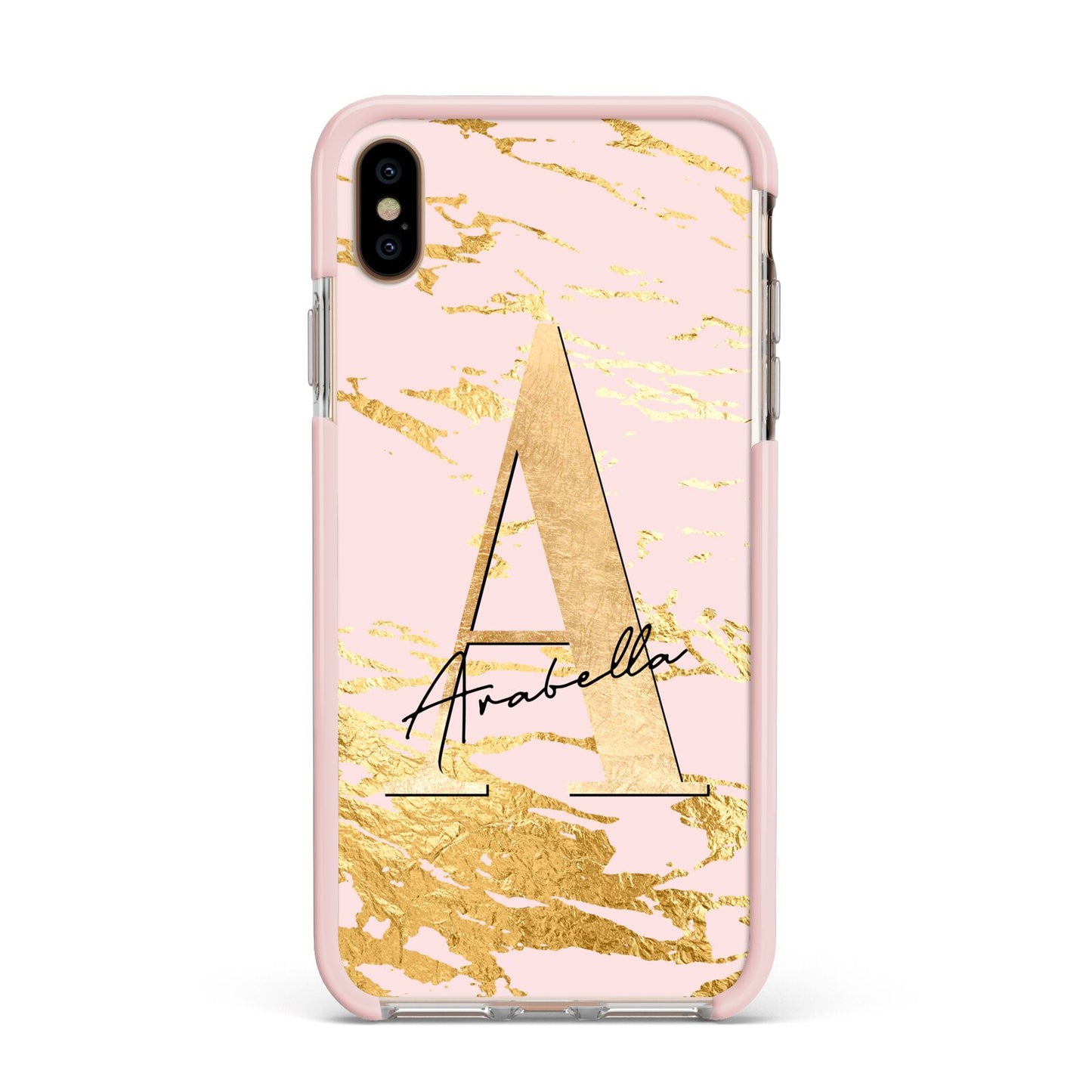 Personalised Gold Pink Marble Apple iPhone Xs Max Impact Case Pink Edge on Gold Phone