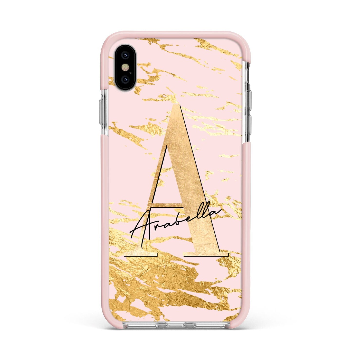 Personalised Gold Pink Marble Apple iPhone Xs Max Impact Case Pink Edge on Silver Phone