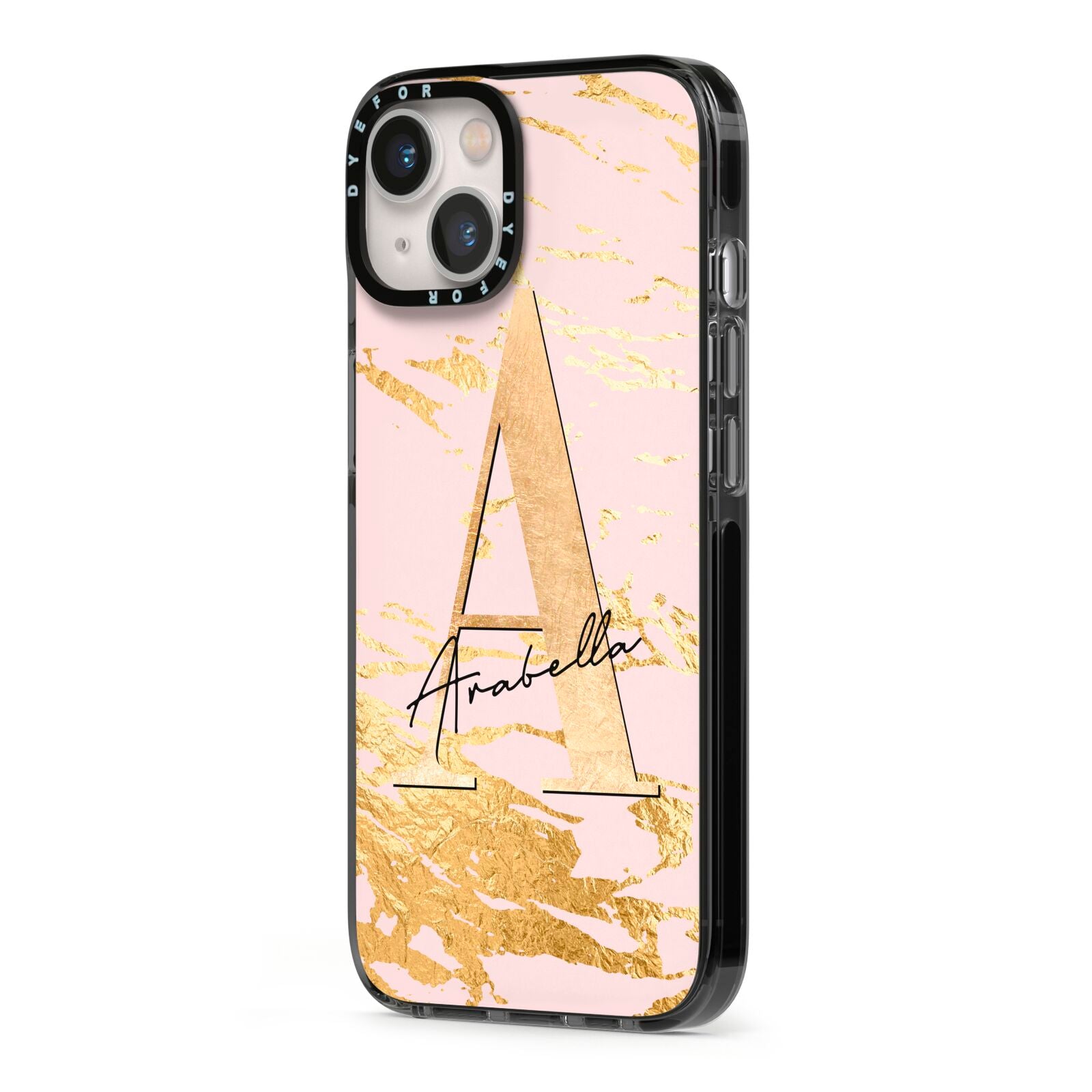 Personalised Gold Pink Marble iPhone 13 Black Impact Case Side Angle on Silver phone