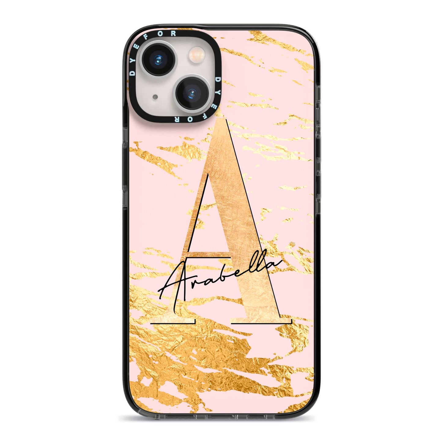 Personalised Gold Pink Marble iPhone 13 Black Impact Case on Silver phone