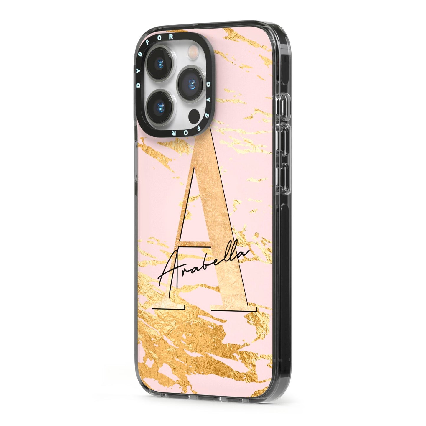 Personalised Gold Pink Marble iPhone 13 Pro Black Impact Case Side Angle on Silver phone