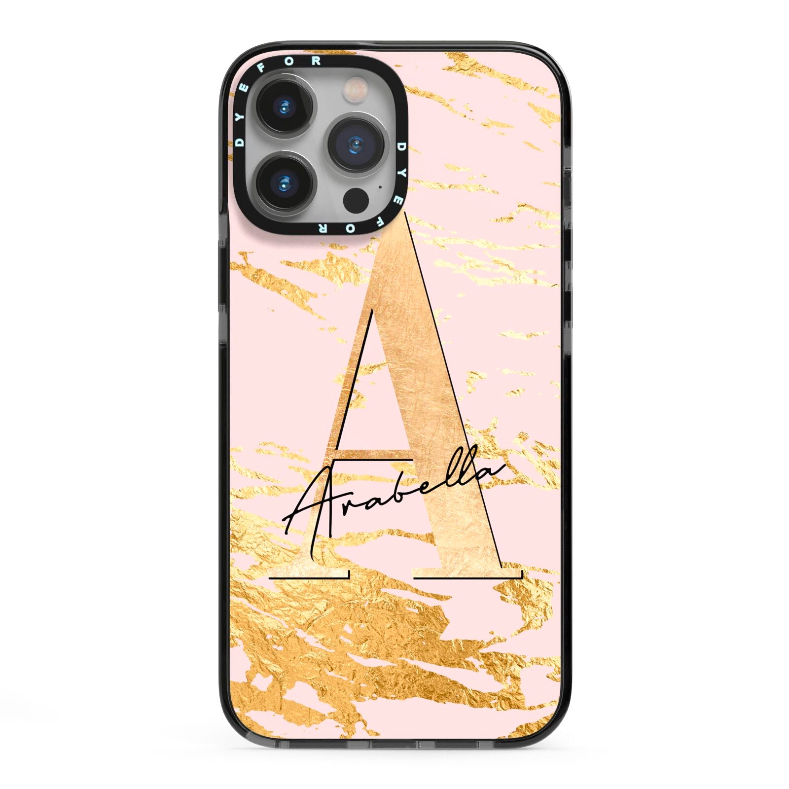 Personalised Gold Pink Marble iPhone 13 Pro Max Black Impact Case on Silver phone