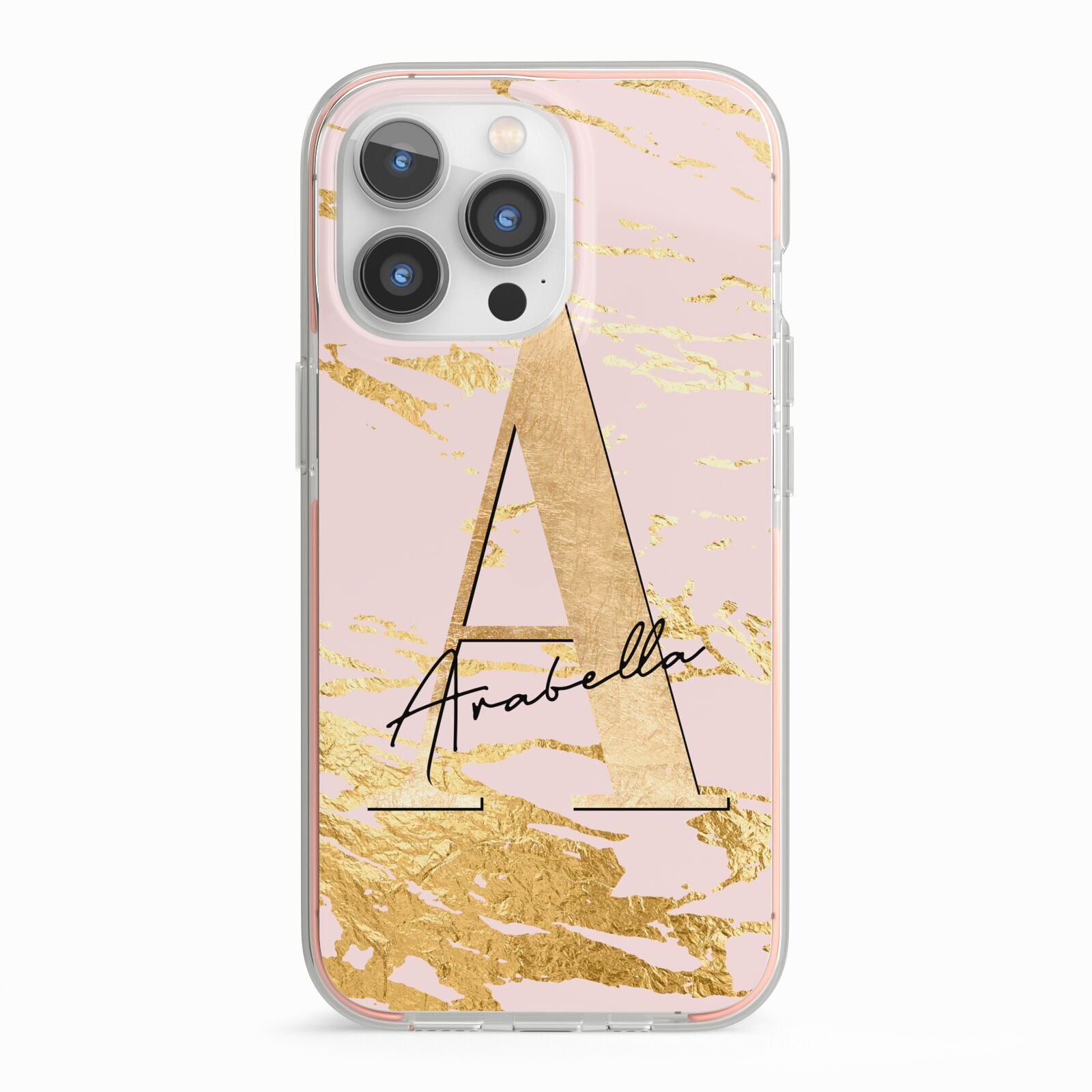Personalised Gold Pink Marble iPhone 13 Pro TPU Impact Case with Pink Edges