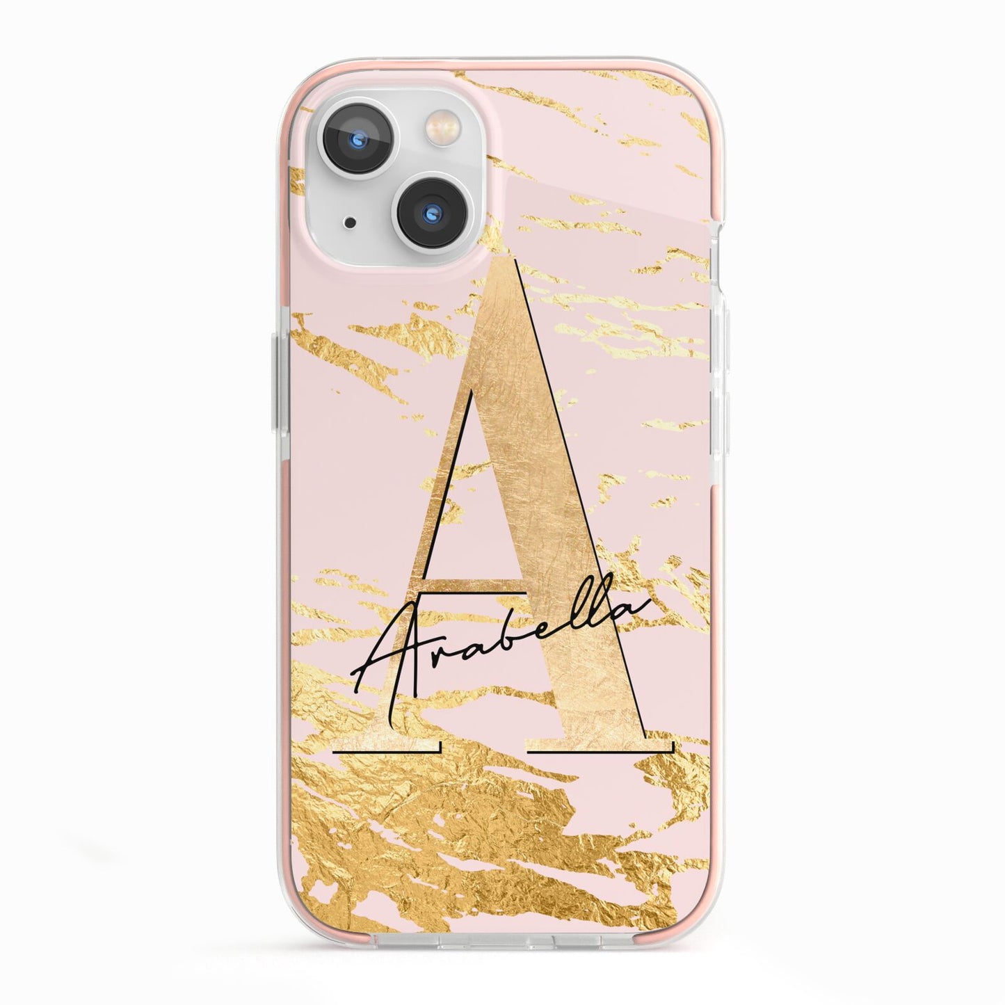 Personalised Gold Pink Marble iPhone 13 TPU Impact Case with Pink Edges