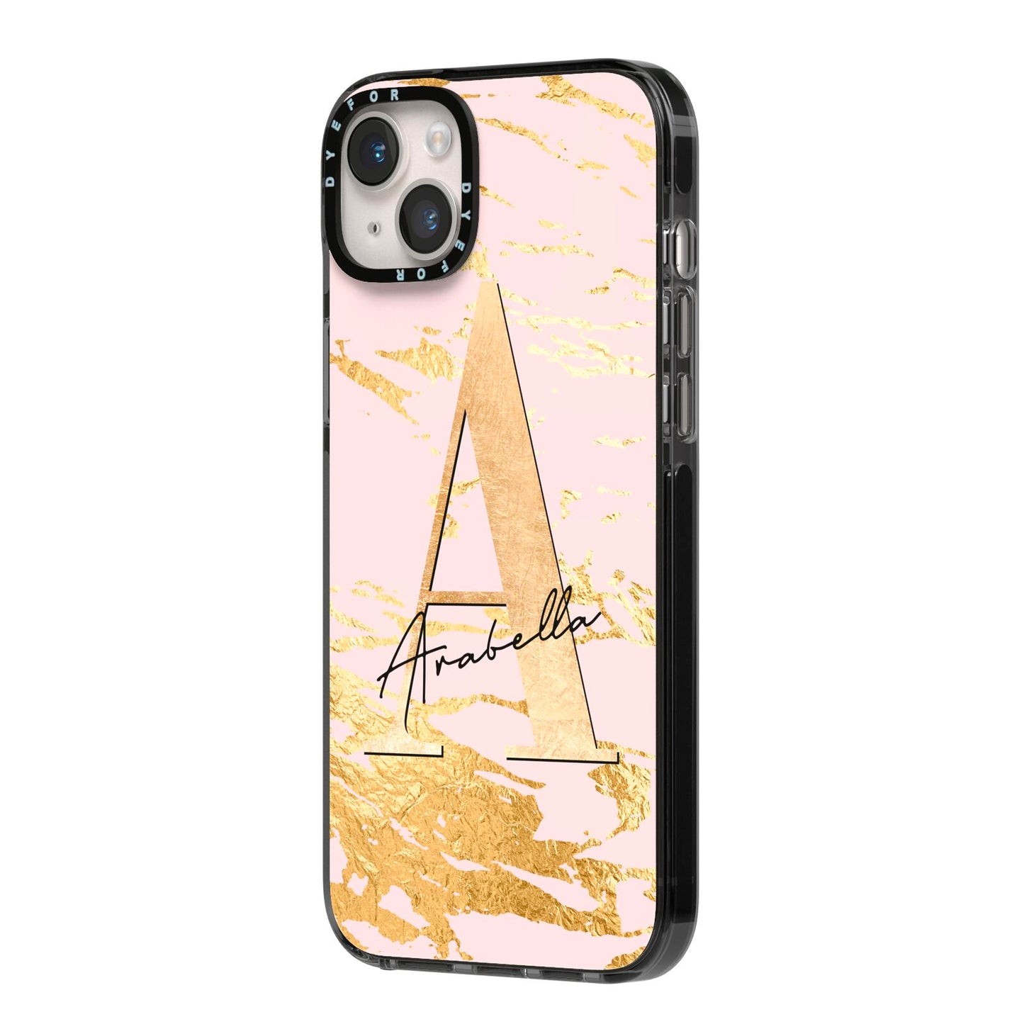 Personalised Gold Pink Marble iPhone 14 Plus Black Impact Case Side Angle on Silver phone