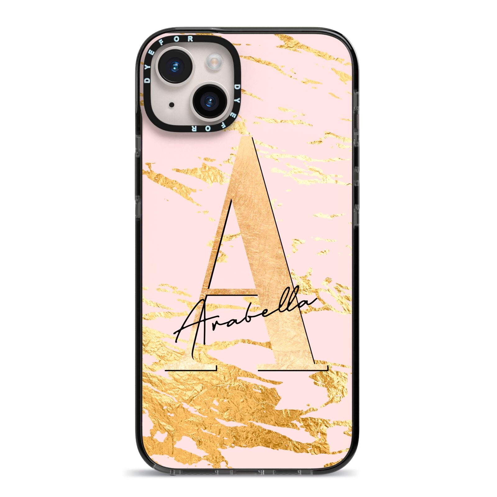 Personalised Gold Pink Marble iPhone 14 Plus Black Impact Case on Silver phone