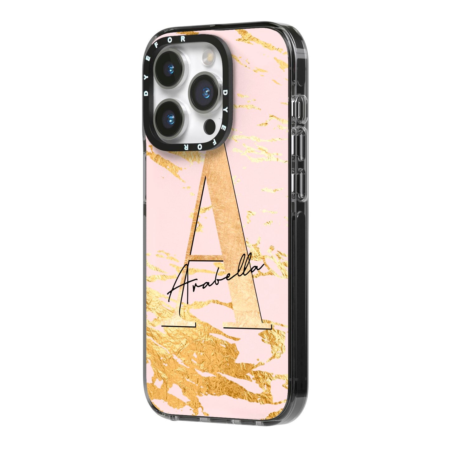 Personalised Gold Pink Marble iPhone 14 Pro Black Impact Case Side Angle on Silver phone