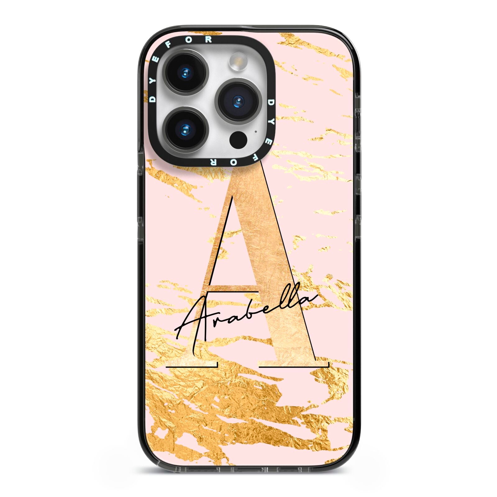 Personalised Gold Pink Marble iPhone 14 Pro Black Impact Case on Silver phone