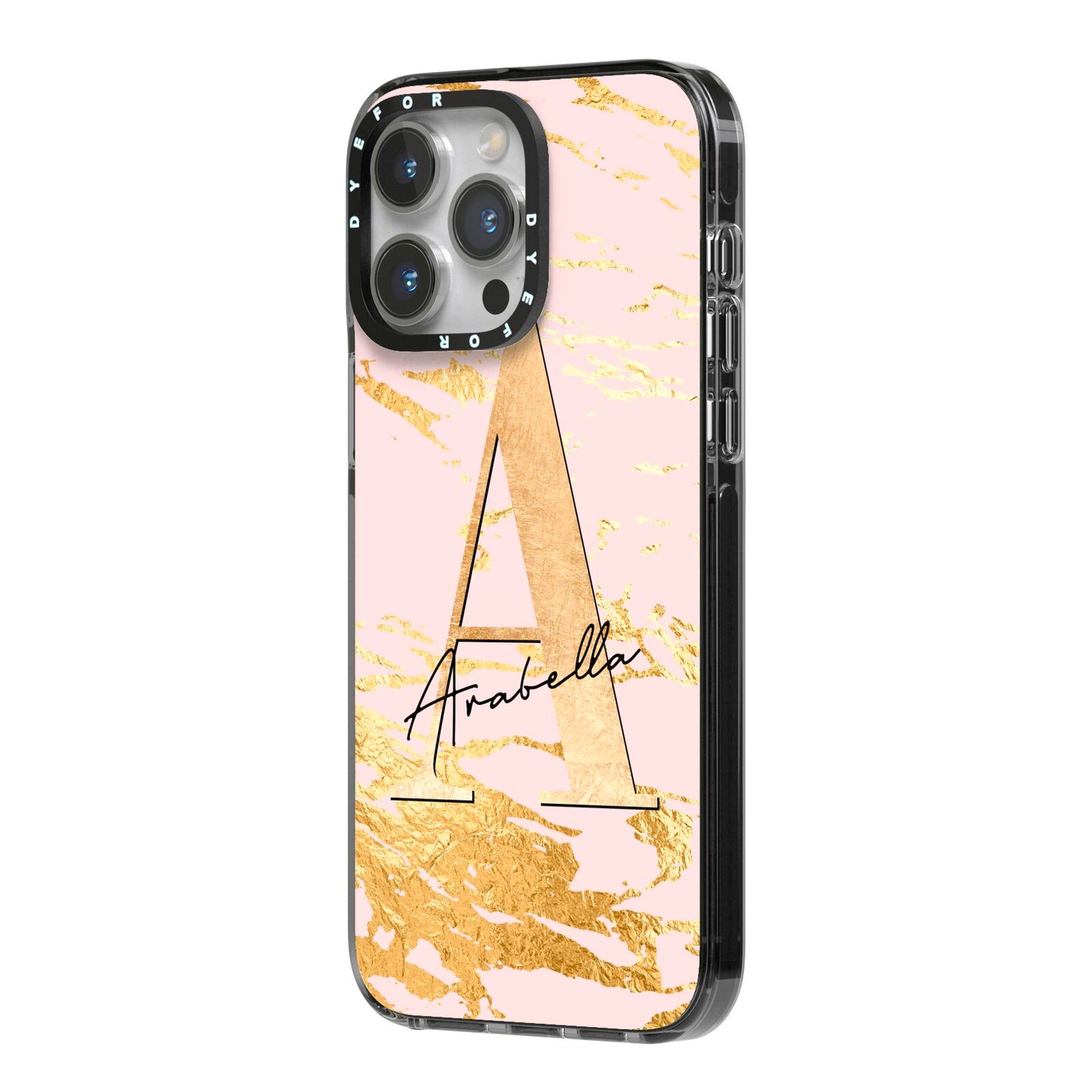 Personalised Gold Pink Marble iPhone 14 Pro Max Black Impact Case Side Angle on Silver phone