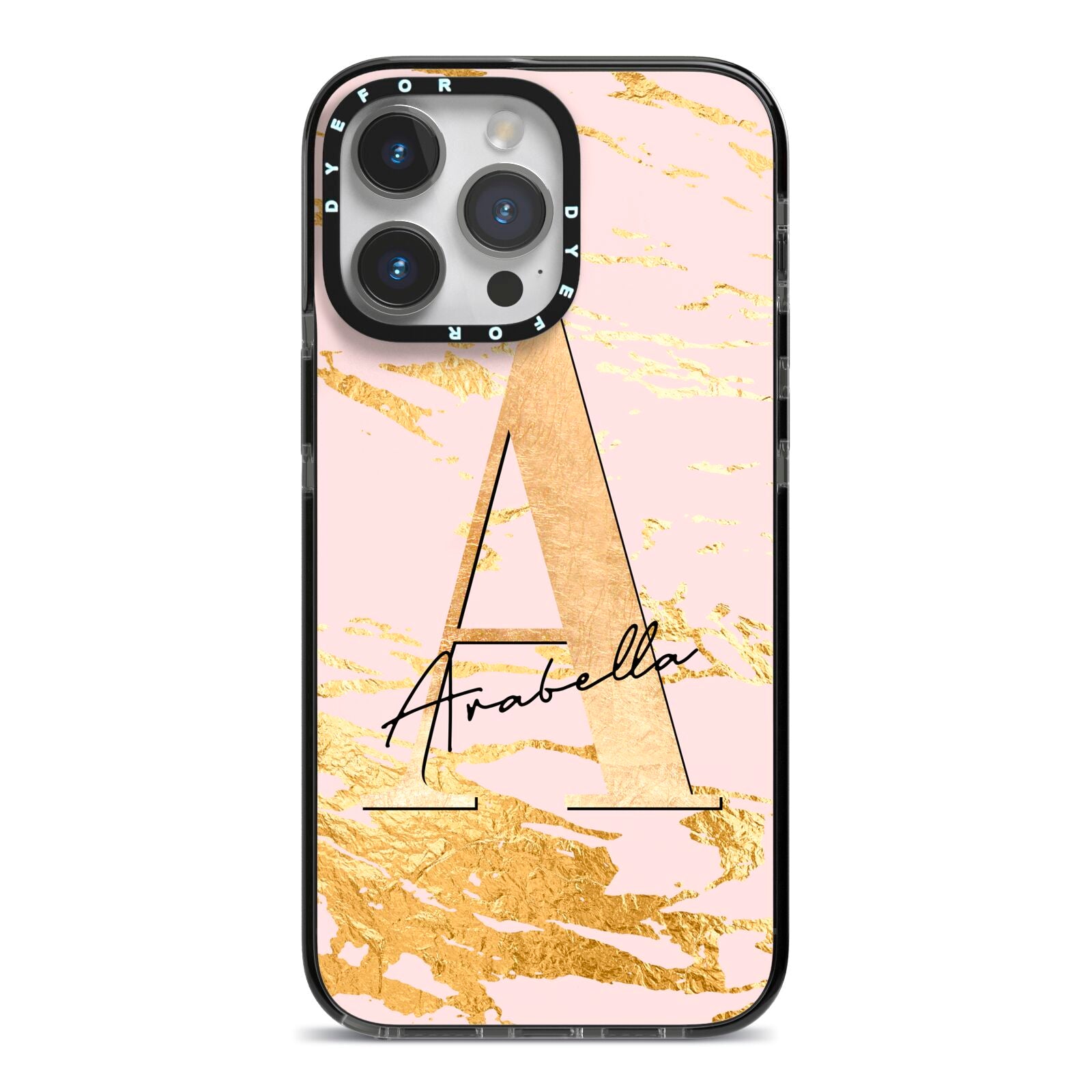 Personalised Gold Pink Marble iPhone 14 Pro Max Black Impact Case on Silver phone