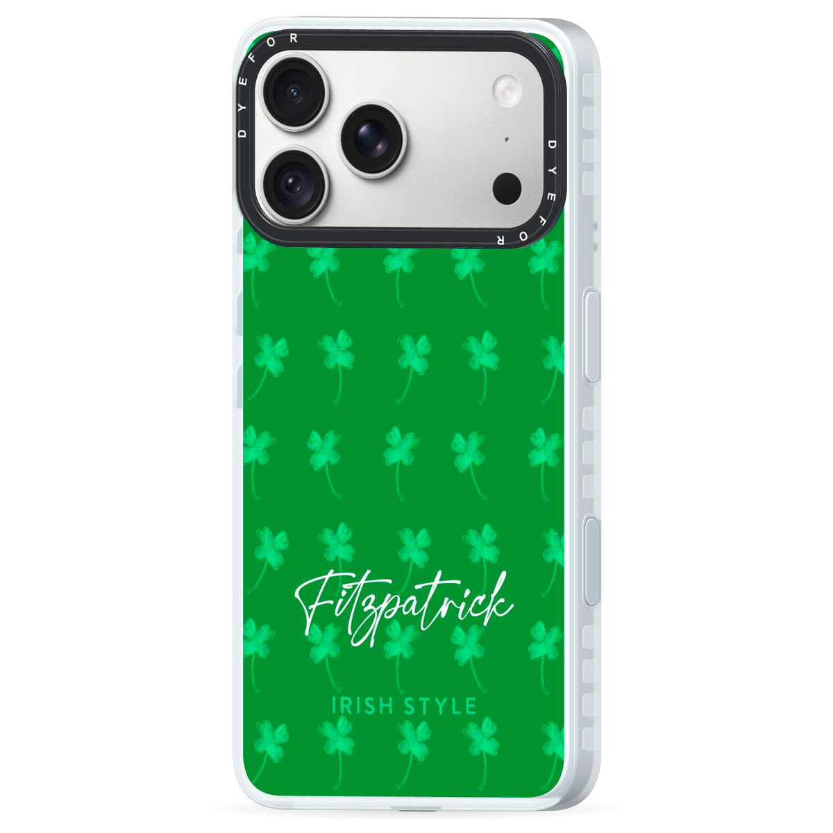 Personalised Green Shamrock iPhone 18 Pro Black Impact Pre order Case Side Angle on Silver phone