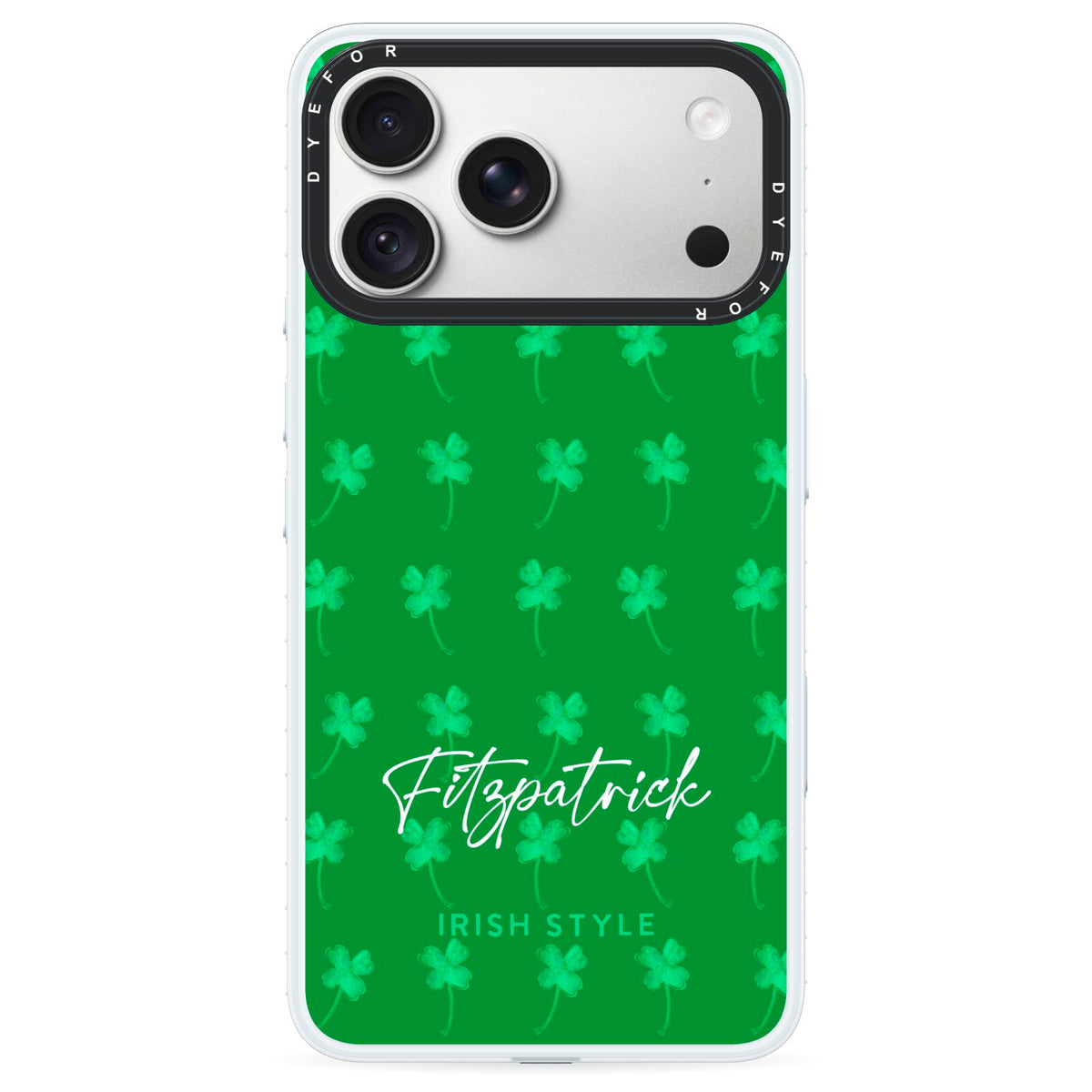 Personalised Green Shamrock iPhone 18 Pro Black Impact Pre order Case on Silver phone