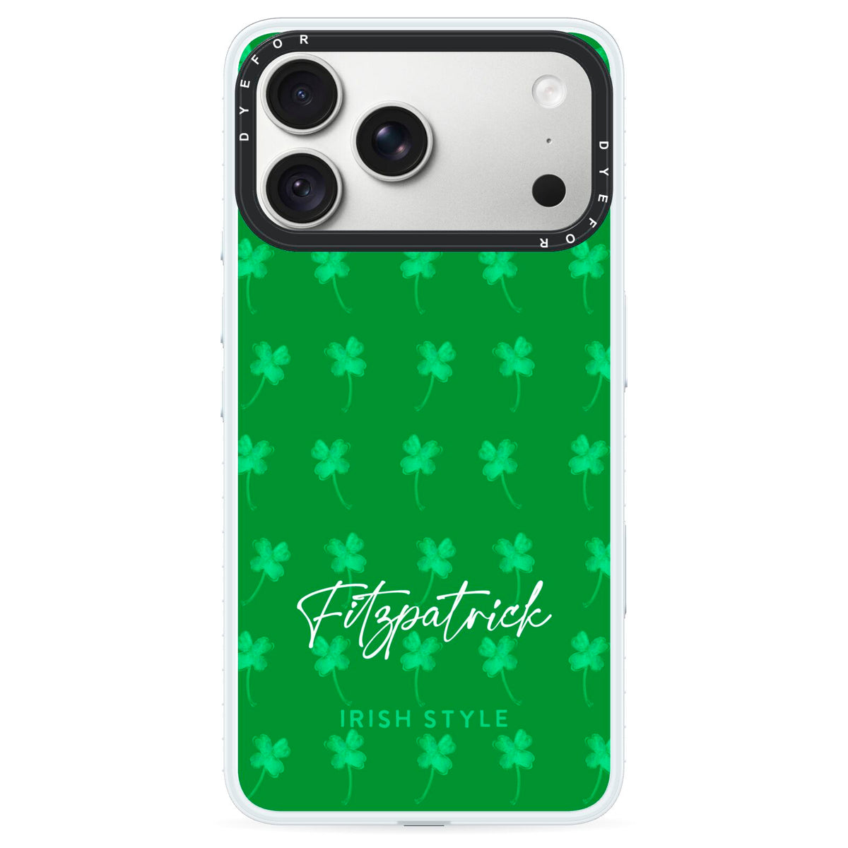Personalised Green Shamrock iPhone 18 Pro Max Black Impact Pre order Case on Silver phone