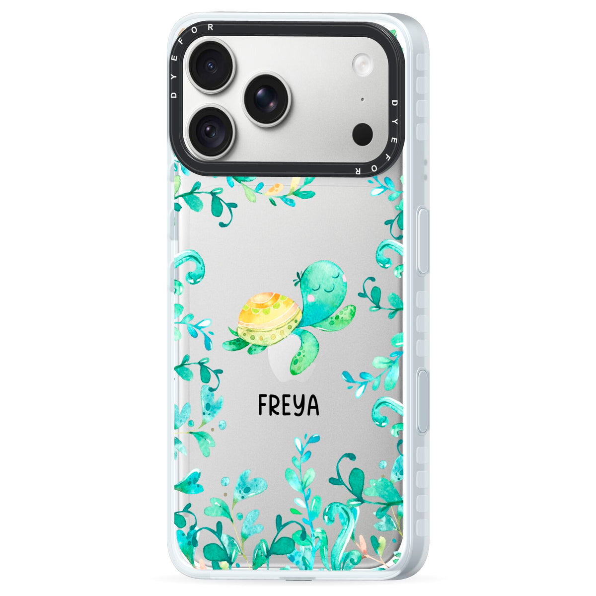 Personalised Green Turtle iPhone 18 Pro Max Black Impact Pre order Case Side Angle on Silver phone