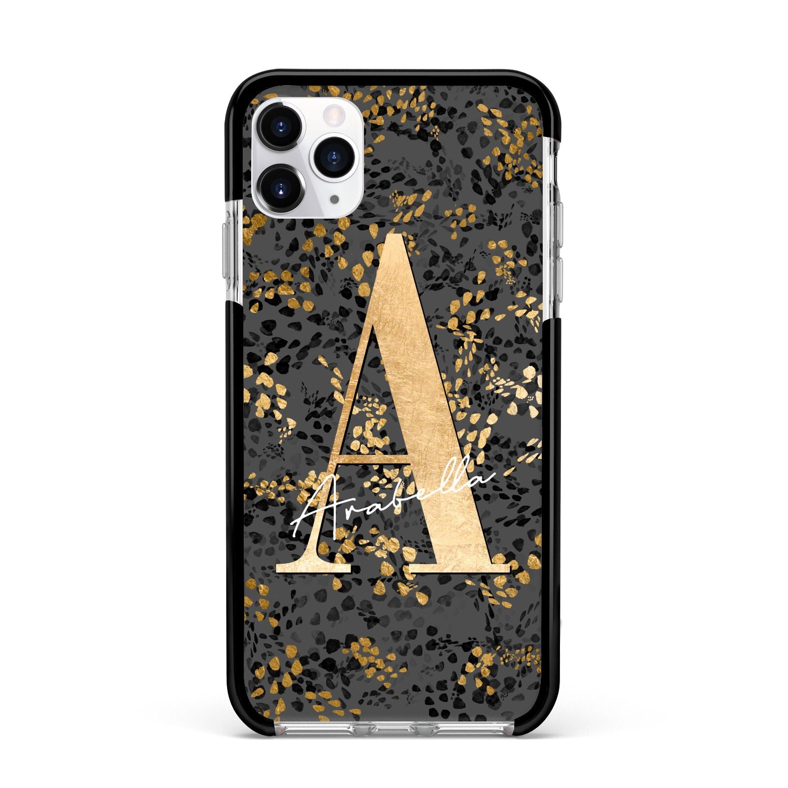 Personalised Grey Gold Cheetah Apple iPhone 11 Pro Max in Silver with Black Impact Case