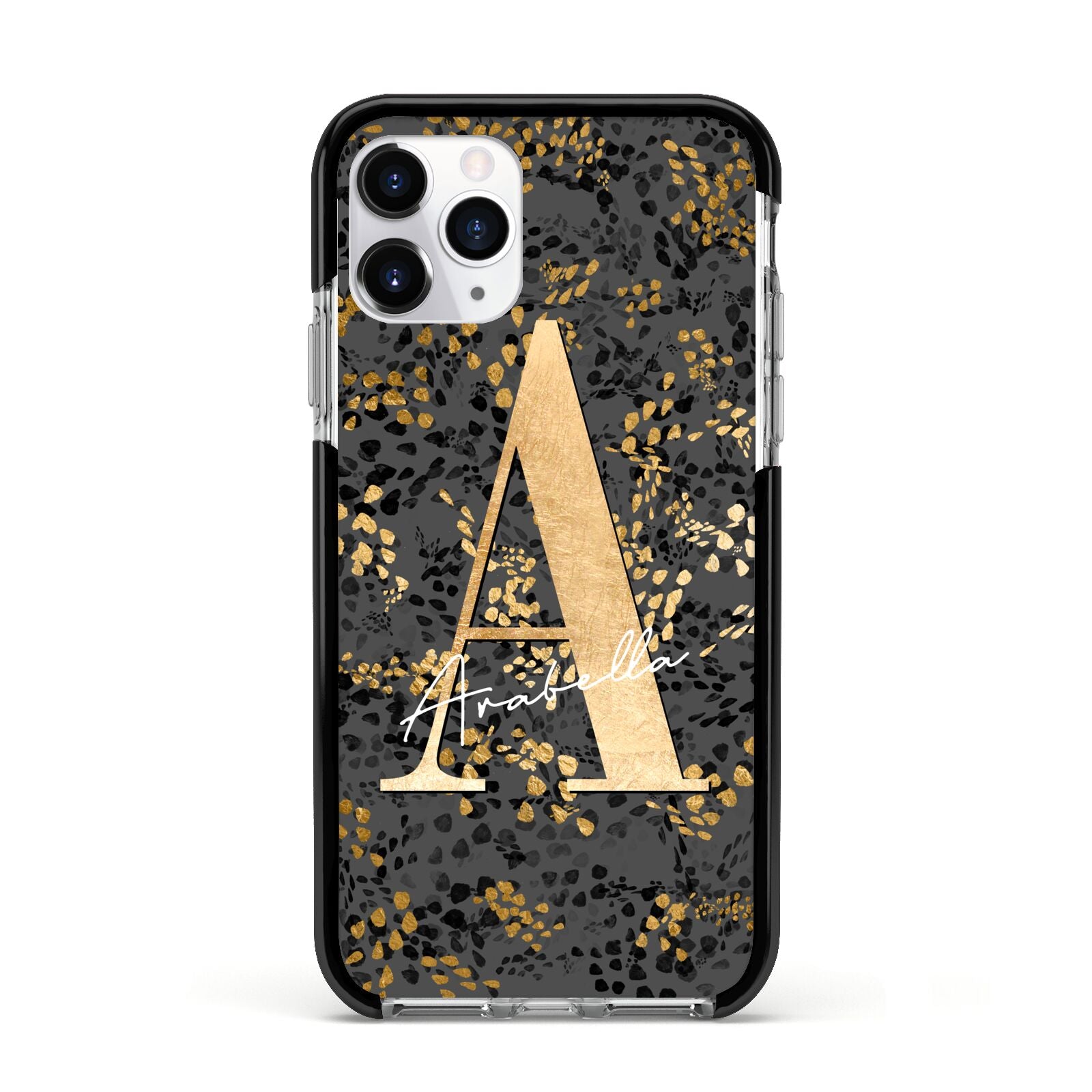 Personalised Grey Gold Cheetah Apple iPhone 11 Pro in Silver with Black Impact Case
