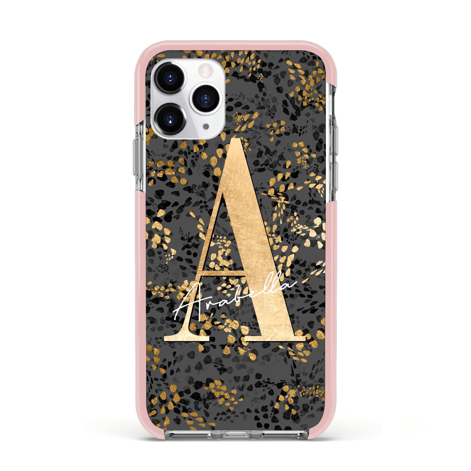 Personalised Grey Gold Cheetah Apple iPhone 11 Pro in Silver with Pink Impact Case