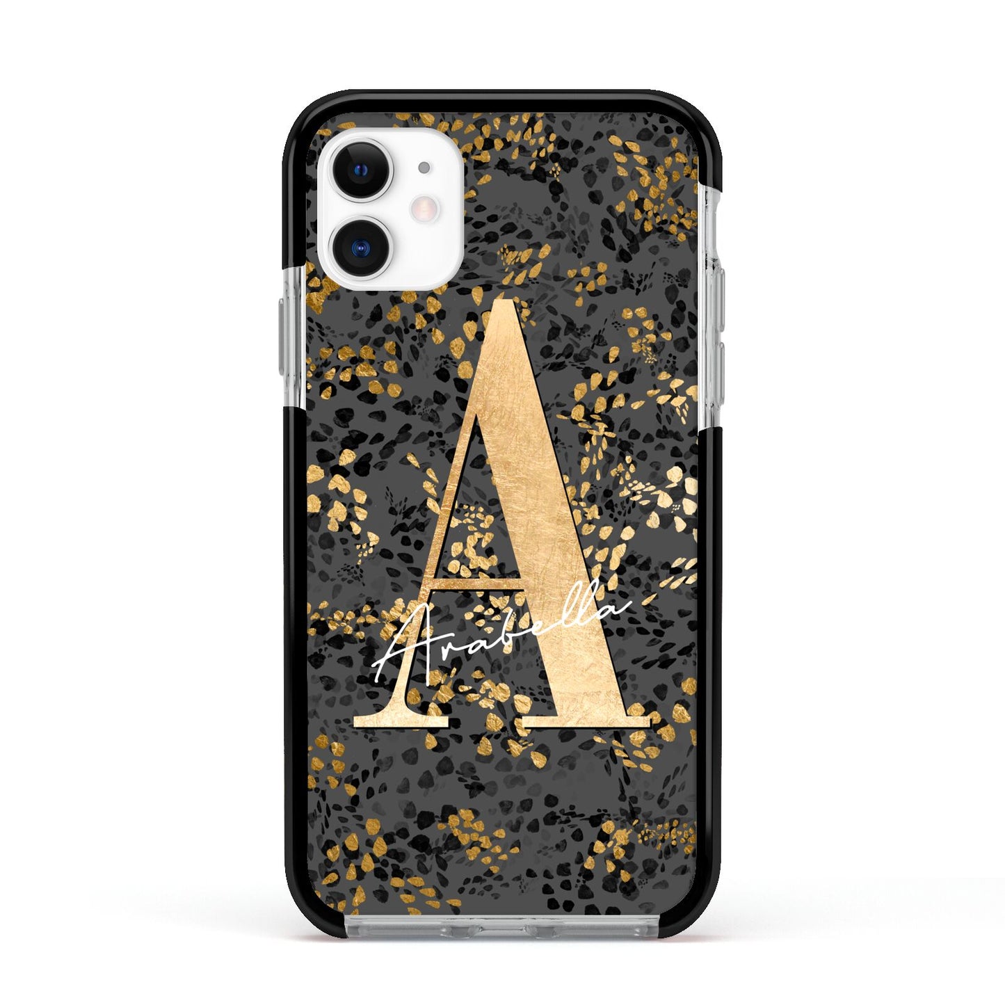 Personalised Grey Gold Cheetah Apple iPhone 11 in White with Black Impact Case