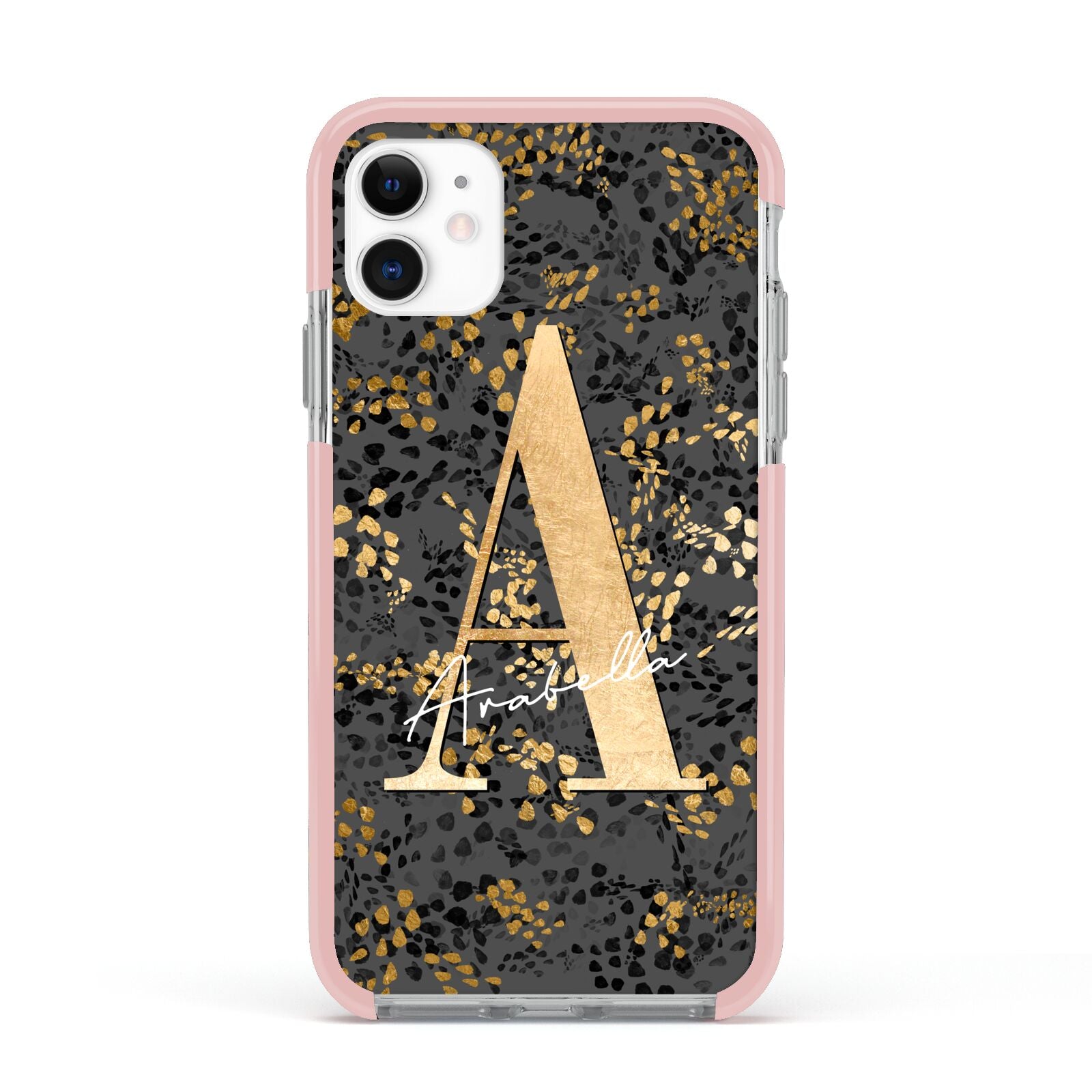 Personalised Grey Gold Cheetah Apple iPhone 11 in White with Pink Impact Case