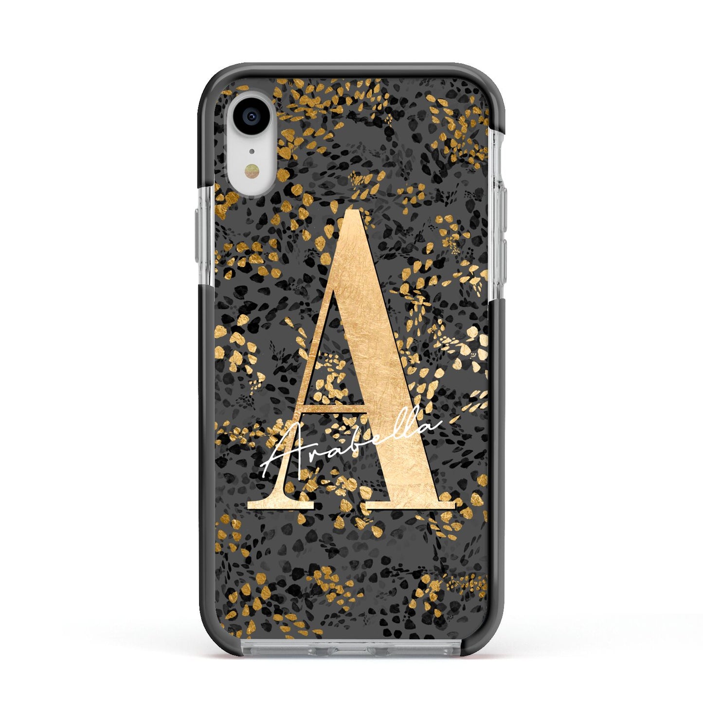 Personalised Grey Gold Cheetah Apple iPhone XR Impact Case Black Edge on Silver Phone