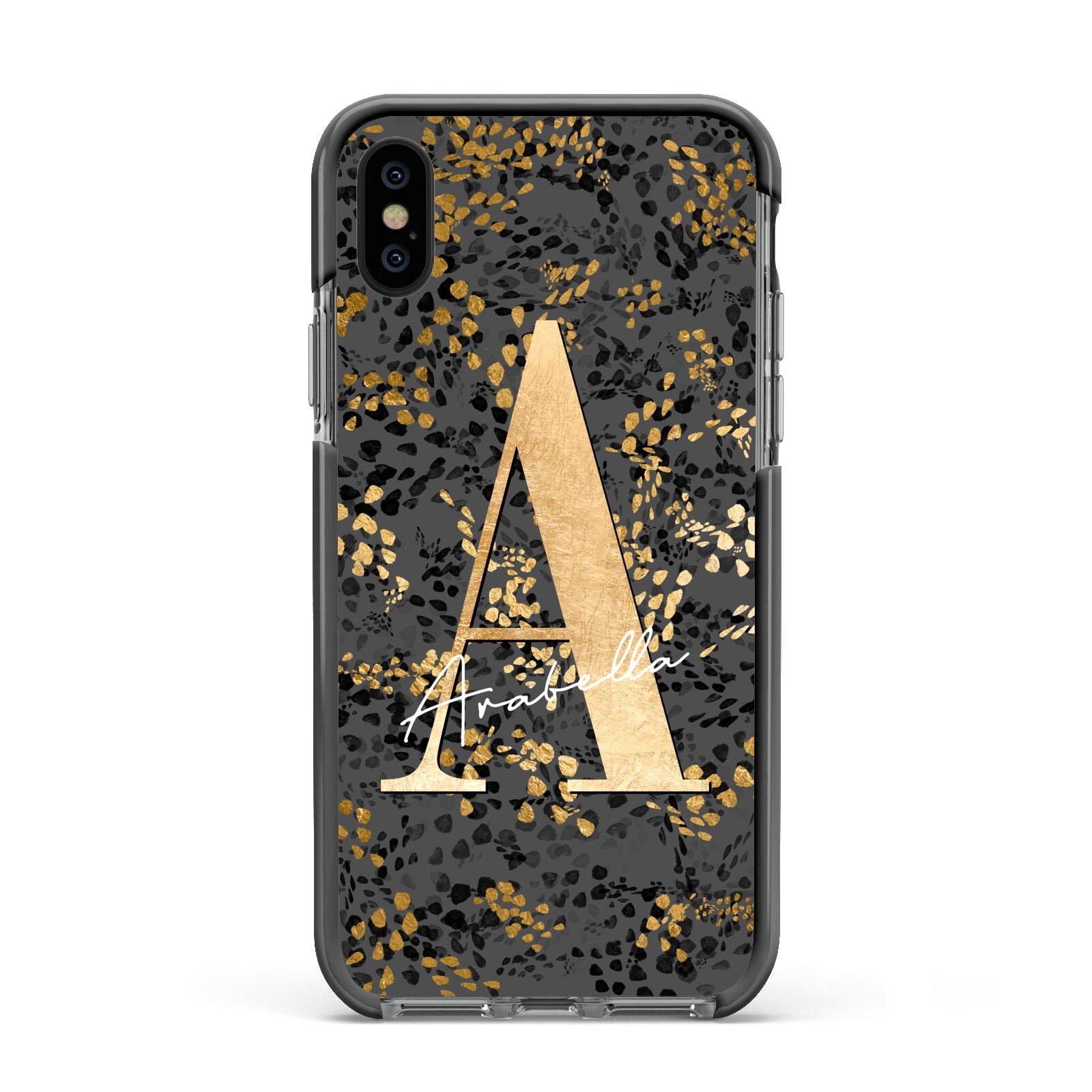 Personalised Grey Gold Cheetah Apple iPhone Xs Impact Case Black Edge on Black Phone
