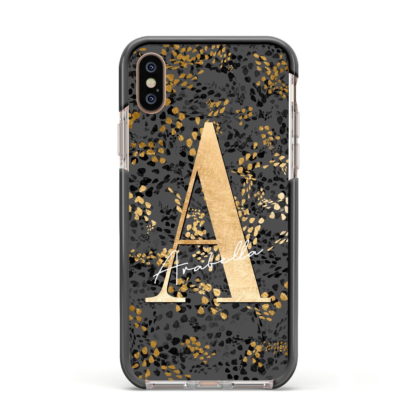 Personalised Grey Gold Cheetah Apple iPhone Xs Impact Case Black Edge on Gold Phone