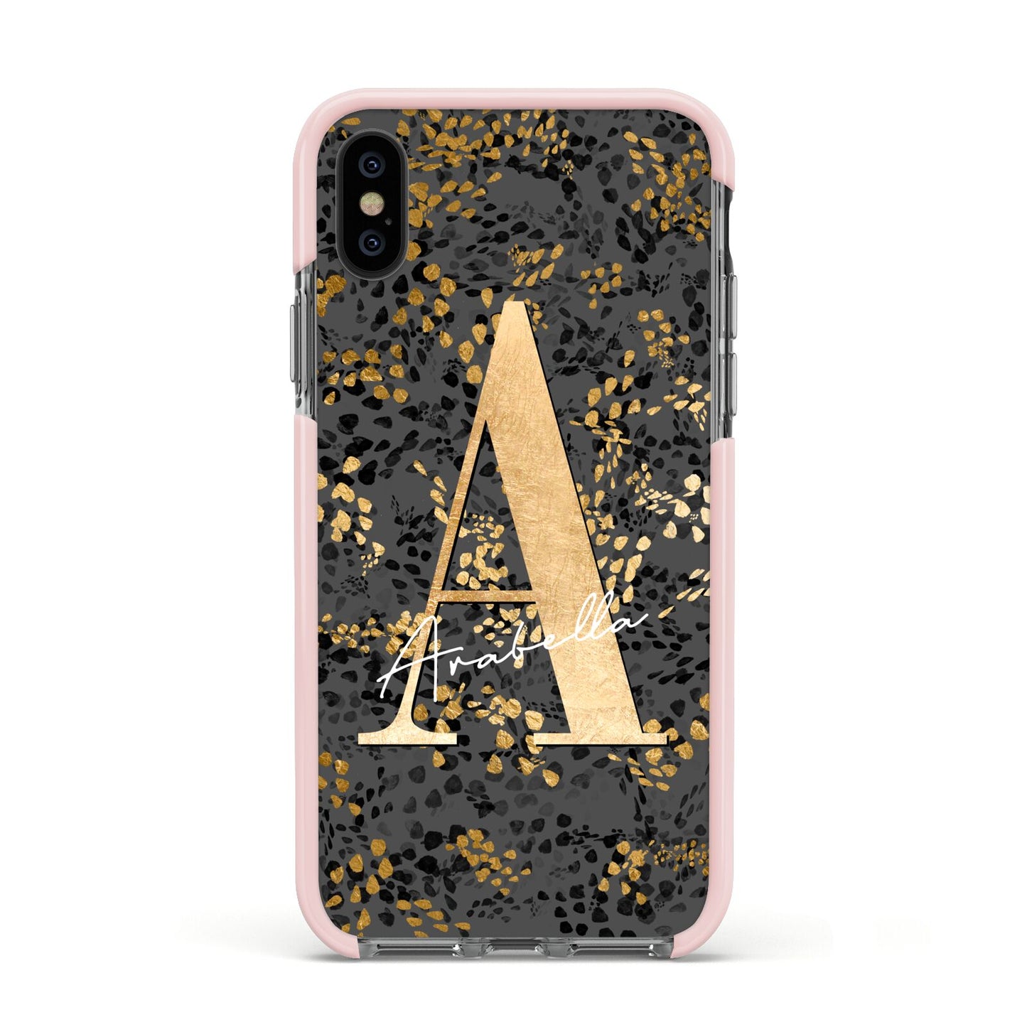 Personalised Grey Gold Cheetah Apple iPhone Xs Impact Case Pink Edge on Black Phone
