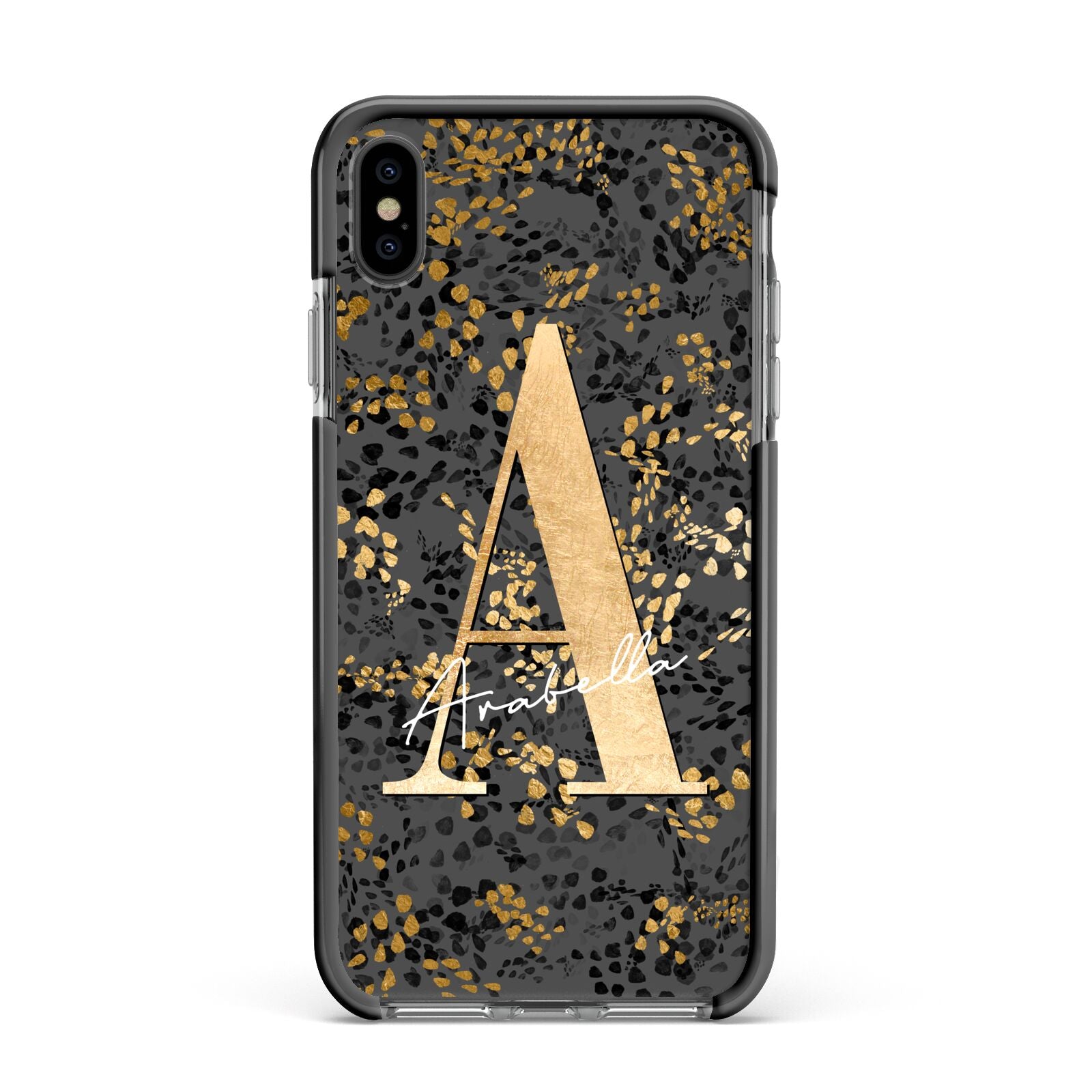 Personalised Grey Gold Cheetah Apple iPhone Xs Max Impact Case Black Edge on Black Phone